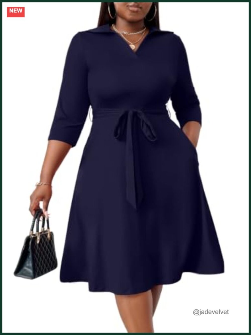 Plus Size Midi Dress Fit & Flare with Pockets and Belt 95% Polyester 5% Spandex